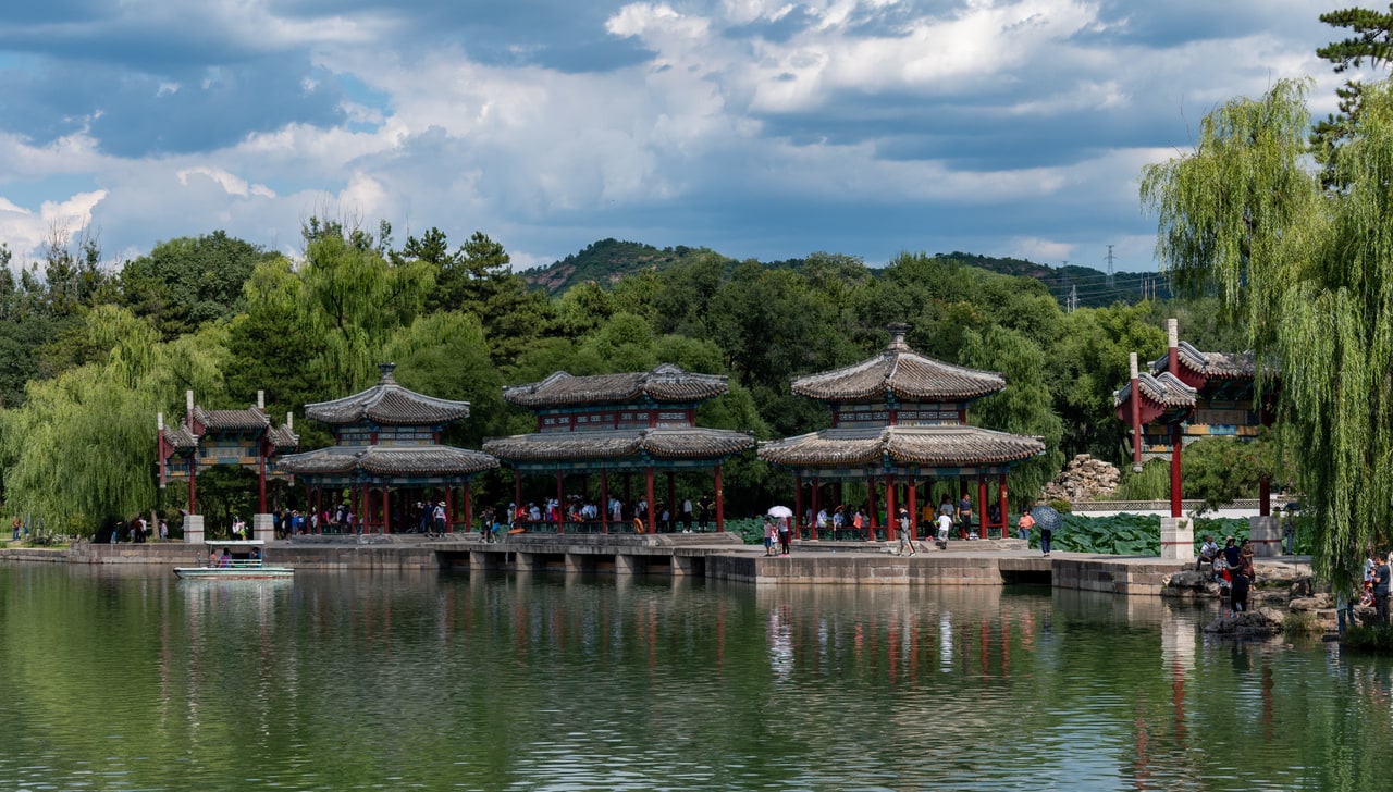 Pavilions and trees reflected in Xiahu Lake at Chengde Mountain Resort