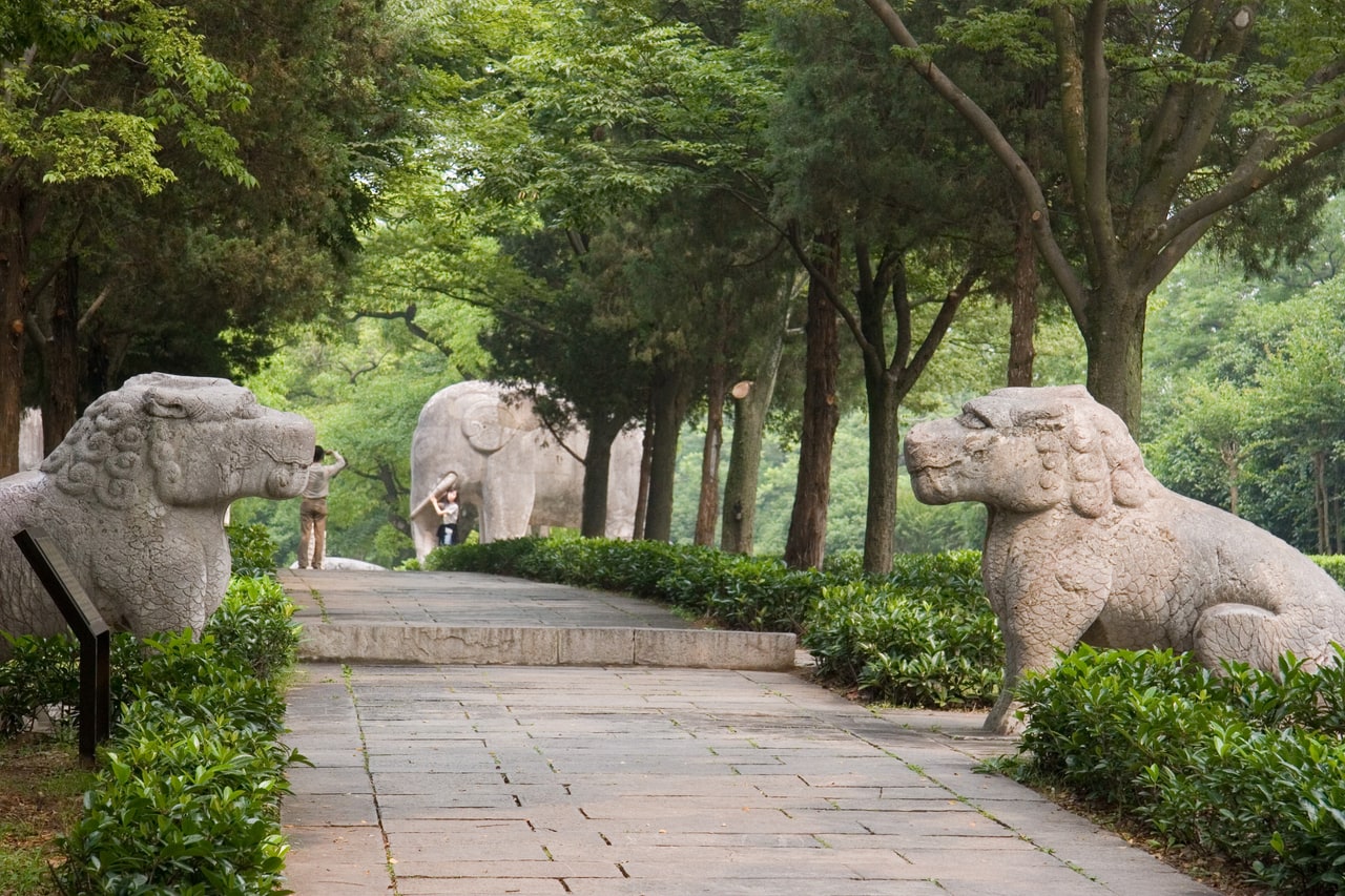 Stone animal sculptures beside the tree-lined Spirit Way at Ming Xiaoling